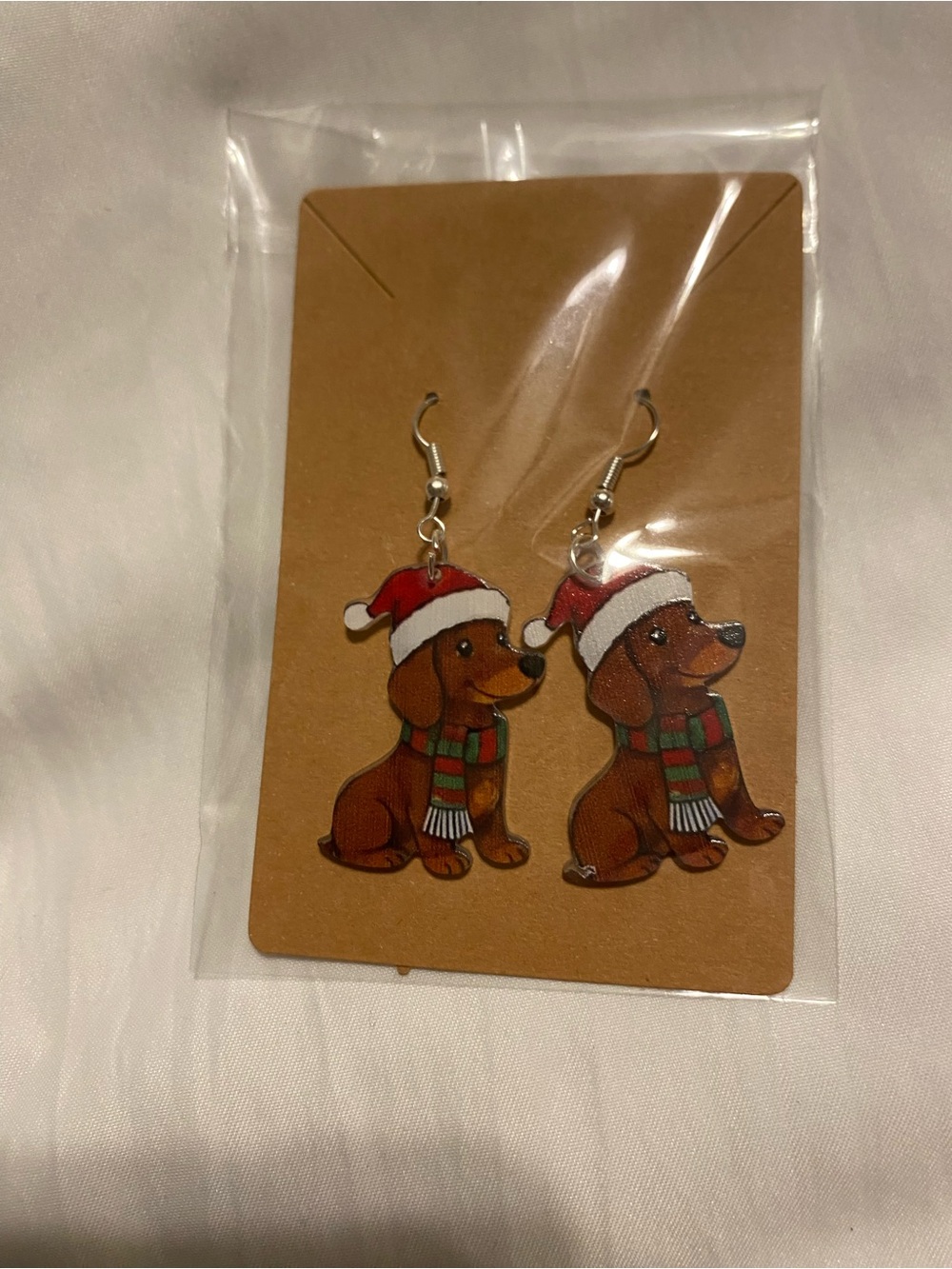 Hand Crafted Brown Dog Earrings with Red and Green Holiday Accents - Picture 1 of 2